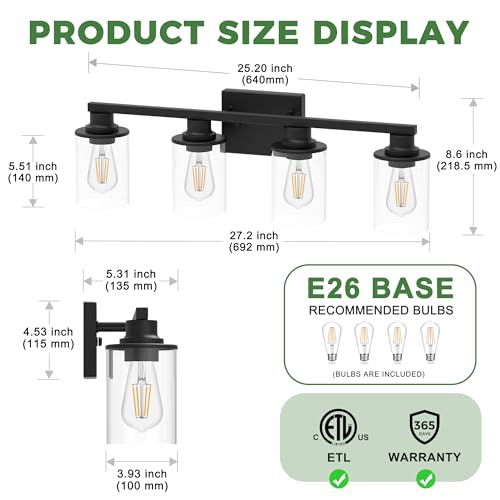 Image of DORESshop Bathroom Vanity Light Fixture with 4 Bulbs Modern Black