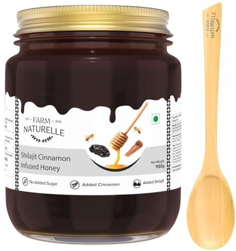 Image of Farm Naturelle -Shilajit infused in Cinnamon honey-powerful, therapeutically beneficial as well as fabulously tasty-for both, men n women-crafted wooden spoon along-1150g