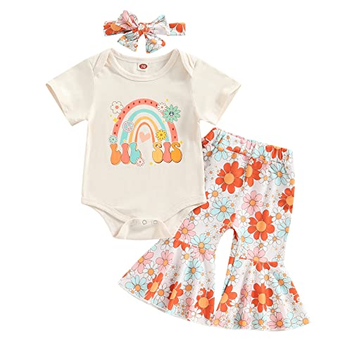 Image of WALLARENEAR Newborn Baby Girls Letter Print Short Sleeve Romper Flower Flare Pants Headband Little Sister Matching Outfits
