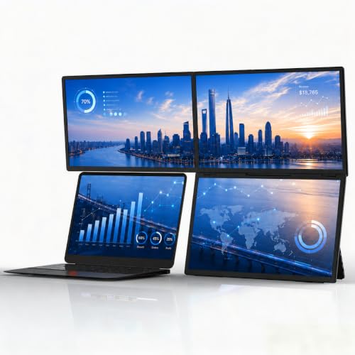 Image of 18.5'' Portable Triple Monitor, One Cable Laptop Screen Extender, FHD 1080P Quad Monitor, Built-in Stand Compatible with Windows Mac, Fits 10 inch-18 inch Laptops(Driver Need)