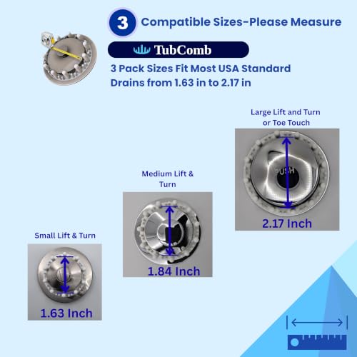 Bathtub Drain Hair Catcher, 3 Pack, Selectively Grabs Hair Not Gunk, Fits Lift & Turn, Toe Touch, Pop Up Drains 1.63" to 2.17", No Crevices to Trap Debris Like Other Tub Drain Hair Catchers by TubComb - Used condition - US$10.87