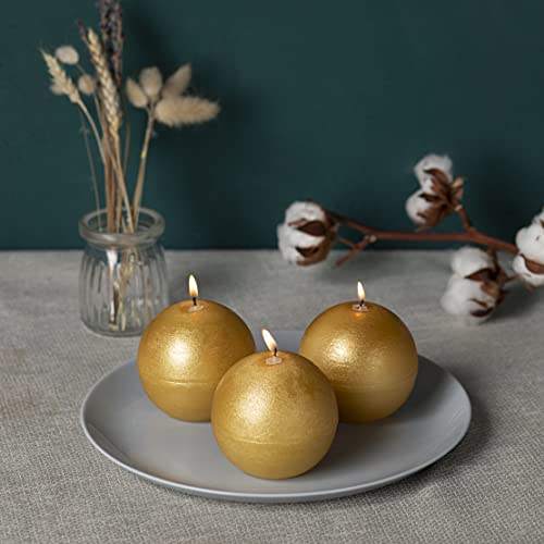Candwax Candle Set Of 3 Round Candles Ball 3 Inch - Perfect Candle Decor As Wedding Decoration And Candles Romantic - Unscented Shaped Candles Long Burning - Gold Candles #TOP5