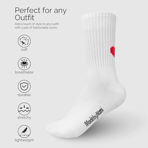 Made by Nami 2 Pairs of Heart Crew Socks for Women Breathable & Preppy Cotton White Socks with Hearts for Cute Athletic Style and Casual Wear4
