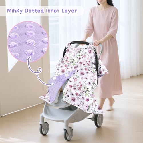 Image of Baby Car Seat Cover, Soft Minky Warm Winter Car Seat Canopy for Infants & Toddlers, Opening with Adjustable Strap, Breathable Nursing Cover & Stroller Blanket, Purple Flowers (Fits Most Car Seats)