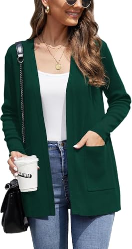BEIGAI Damen Strickjacke Elegant Casual Leichte Strickpullover Herbst Langärmelige Cardigans mit Taschen,Dunkelgrün,L