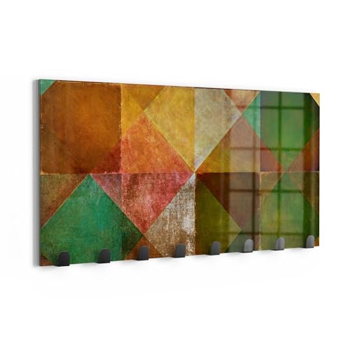 DEQORI Wandgarderobe Glas & Metall | Motiv Erdiges Mosaikspiel | 60x30 cm | Design Haken-Leiste modern | Garderoben-Paneel für Flur, Wohnzimmer & Schlafzimmer | magnetisch & beschreibbar