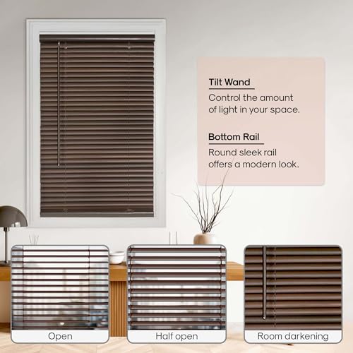 PowerSellerUSA 1\" Vinyl Slats Room Darkening Cordless Window Blinds, 64L x 23W Inches Manual Operation Mode Blackout Privacy Blind, Solid Pattern Ceiling-Outside Mount Pull-Up Mini Blinds, Mahogany - Thumbnail 6