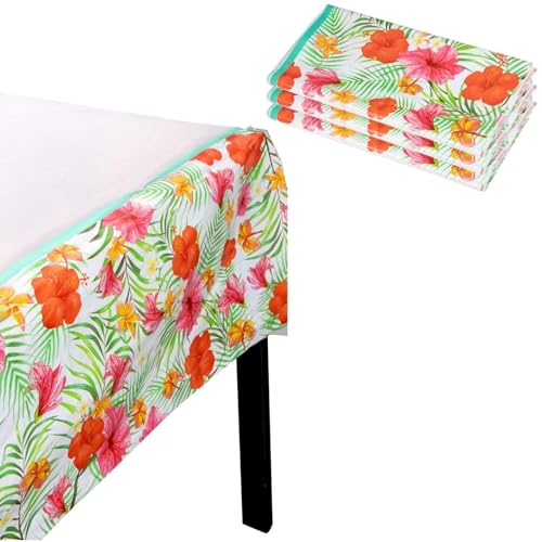 Image of BLUE PANDA Plastic Table Cover - Spill-Resistant Plastic Tablecloth - Vibrant Hibiscus Print for Luau Decor - Disposable Cover for Baby Shower Decoration - 54 x 108 in, Pack of 3, Multicolor