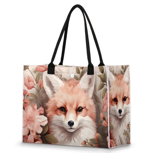 POFATO Art Fox Rose Tote Bag for Women Large Beach Bag Reusable Tote Bags for Work Travel Beach Shopping