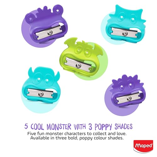 Image of Maped Vivo Monster 1H Sharpener-Pack of 65|Compact & Long Lasting|Smooth Sharpening|Cartoon Collective Sharpening Tool|Fancy & Cute Designs for Kids|Useful for School, Office & Gifting Purpose
