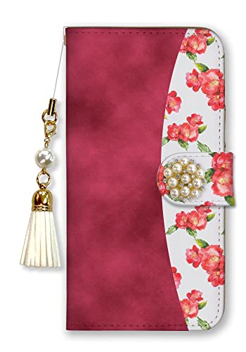 スマホケース BASIO active2 SHG12 ベイシオ アクティブ2 ケース カバー 手帳型 花柄 デコ付き エレガント おしゃれ 可愛い レッド