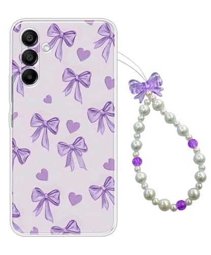 Image of COBERTA Printed Back Cover for Samsung Galaxy A15 5G Back Cover Case with Phone Charm Chain Strap Beads & Pearls for Girls Stylish - Purple Heart & Tie Bow - D17003