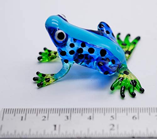 Changthai Design Tiny 2¾" Long Blue Black Dots Frog Figurine - Miniature Hand Blown Glass Colorful Poison Dart Frogs Amphibian Tropical Animals Crystal Decorative Collectible Figurines Home Décor #TOP1