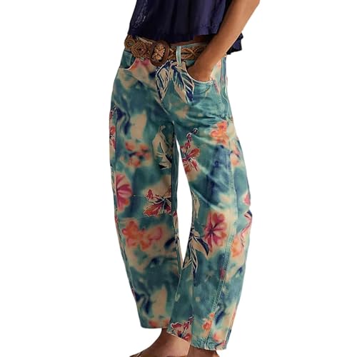 Women's Floral Print Barrel Jeans Y2K Mid Rise Baggy Boyfriend