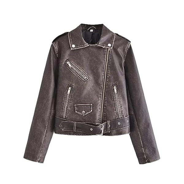 Adhdyuud Vrouwen Casual Faux Lederen Jas Chic Vintage Korte Revers Rits Riem Biker Jassen Streetwear Tops