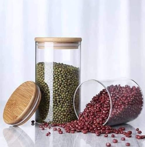 Image of 1050ML Kitchen Storage Borosilicate Glass Jar Container with Air Tight Bamboo Wooden Lid Storage Containers Round Shape for Sugar,Candy, Cookie, Rice and Spice Jar (1050ML JARS, 6 PCS)