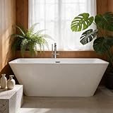 59'' Acrylic Freestanding Bathtub with Chrome Drain Kit, Contemporary Square Soaking Tub with Overflow and Flexible PVC Drain Pipe, Double-Walled Insulation, cUPC Certified, Glossy White Finish