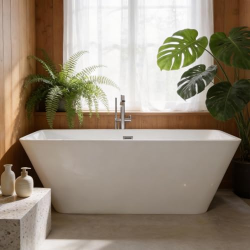 59'' Acrylic Freestanding Bathtub with Chrome Drain Kit, Contemporary Square