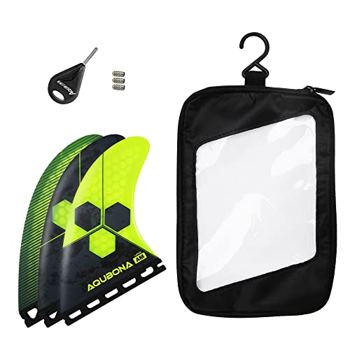AQUBONA Honeycomb Fiberglass Performance Surfboard Fins Thruster (3 Fins) Single Tab with Fin Bag, Key and Screws. (Yellow, L) - Thumbnail 5