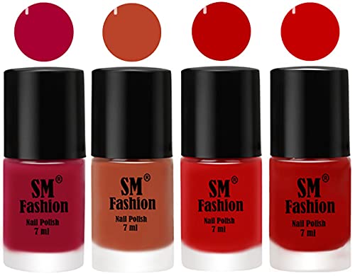 Image of Nail Polish Combo Set (Pack of 4) Quick Dry Gel Finish Nail Paint | Dark Magenta,Light Coral,Red,Orange | 7 ml Each