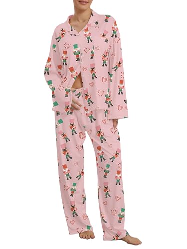 Anuedgis Women's Christmas Pyjamas Set Cute Xmas Print Long Sleeve Button-Down Shirt & Pants Family Matching Pjs for Holiday Sleepwear (A-Pink Nutcracker, S)