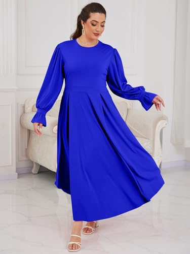Image of Baczoe Plus Size Long Sleeve Church Dress for Curvy Women | Maxi Length, Elegant Formal Style, Flowy A-Line Shape, Two Side Pockets