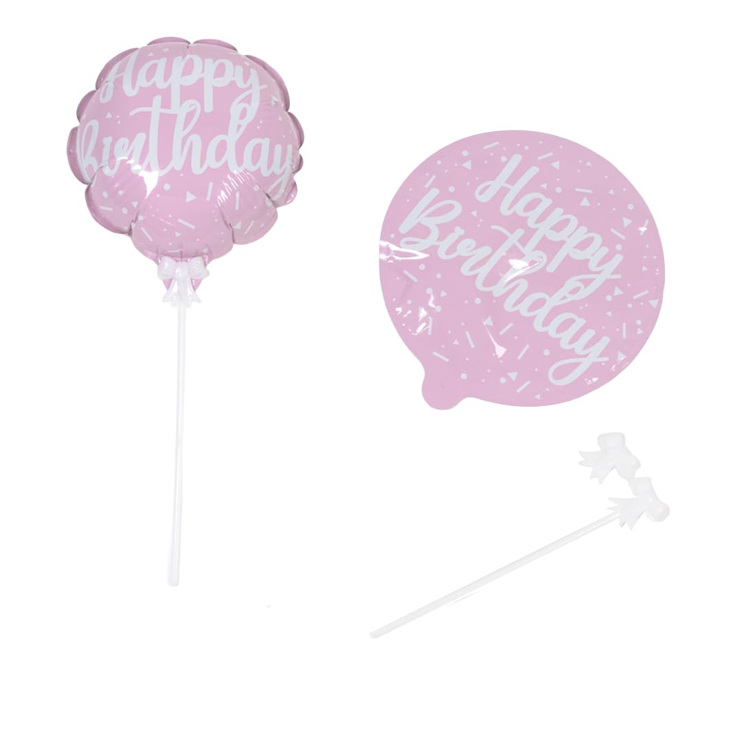 Pastel Pink Happy Birthday Self-Inflating Foil Balloons – 12cm / 5in Pack of 2 – With Clip-On Sticks