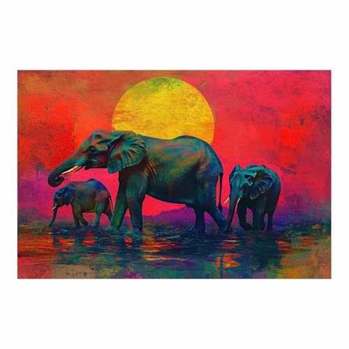 Impression sur toile éléphants au soleil couchant rouge TERUEA 70x100cm
