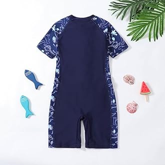 Xumplo Boys Swimming Costume Kids One Piece Swimsuit Short Sleeve Zipper Beach Swimwear Dinosaur Rash Guard Bathing Suit Dark Blue 3-10 Years
