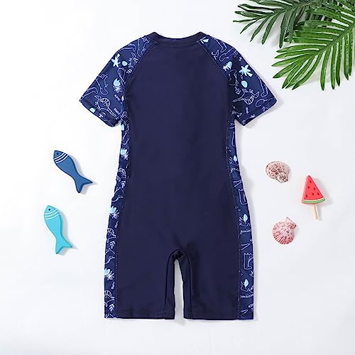 Xumplo Boys Swimming Costume Kids One Piece Swimsuit Short Sleeve Zipper Beach Swimwear Dinosaur Rash Guard Bathing Suit Dark Blue 3-10 Years