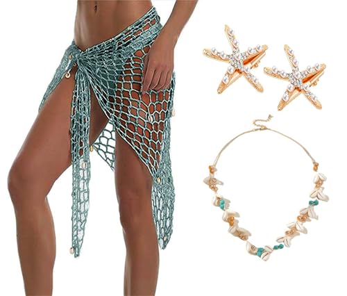 Mermaid Women Crochet Cover up Beach Shawl Capelet Sarong Wrap with Shell Necklace Choker and Starfish Hair Clip. (LK10)