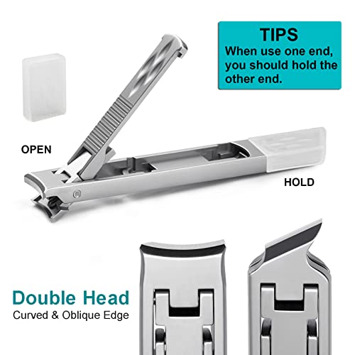 Vogarb Portable Nail Clippers For Thick Nails Ultra Thin Foldable Wide Jaw Opening Cutter With Safety Lock Double Head Curved And Slanted Trimmer For Toenail Fingernail Travel Design (Silver) #TOP3