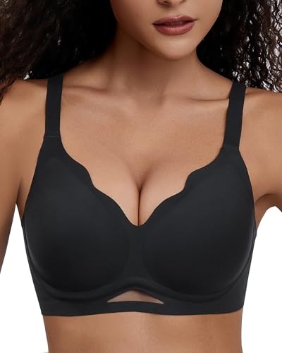 PQK Wireless Push Up Bra Non Wired Support Bras for Women Seamless Push Up Bra Comfort T-Shirt Bras Full Coverage Support and Lift with Bra Extender Black