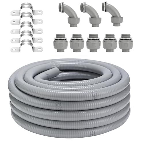 1inch 25ft Non-Metallic Liquid-Tight Conduit Connector Kit Flexible Electrical Conduit NPT Thread Straight/Angle Fittings & Clamps for LFNC-B Weatherproof Outdoor UV Resistant for Outdoor & HVAC