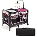 GOPLUS 4 en 1 Lit Parapluie Bébé 0-36 Mois avec Table à Lange Pliable à 3 Niveaux Réglables, Lit de Voyage avec Jouets Musicaux, Matelas, roulettes, Panier de Rangement, Sac de Transport (Rose)