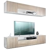 Vladon Wohnwand Anbauwand Mogan, Korpus in Weiß matt/Fronten in Eiche sägerau