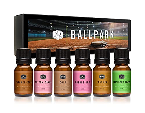 P&J Trading - Ballpark Set of Scented Oils - Caramel Corn, Cotton Candy, Cola, Bubble Gum, Leather, Fresh Cut Grass Fragrance Oils for Candle Making, Soap Making, Diffuser Oil