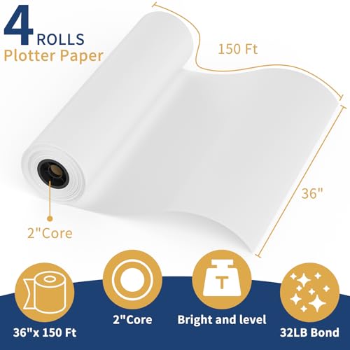 Plotter Paper 36 inches x 150 Feet Wide Format - SJPACK CAD Engineering Blueprint Paper, 4 rolls, 2-inch Core, Suitable for Inkjet Printer Architecture by SJPACK - Image 2