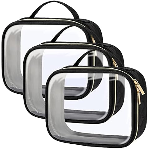 PACKISM TSA Approved Toiletry Bag, 3 Pack Clear Makeup Bags with Handle Large Opening, Clear, Fit Carry-on Travel Essentials, Quart-sized Clear Travel Bags, Black Cover