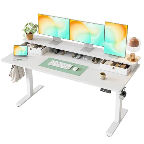 Image of TIQLAB Standing Desk with Two Drawers, Stand Up Standing Desk Adjustable Height, Electric Sit Stand Table with Storage Shelf and Splice Board, 63 * 24 inch, White