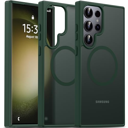 Image of Oterkin Magnetic for Samsung Galaxy S23 Ultra Case Matte, S23 Ultra Phone Case Compatible with MagSafe Frosted Translucent Shockproof Anti-Scratch Slim Fit Case Military Grade Protection (Dark Green)