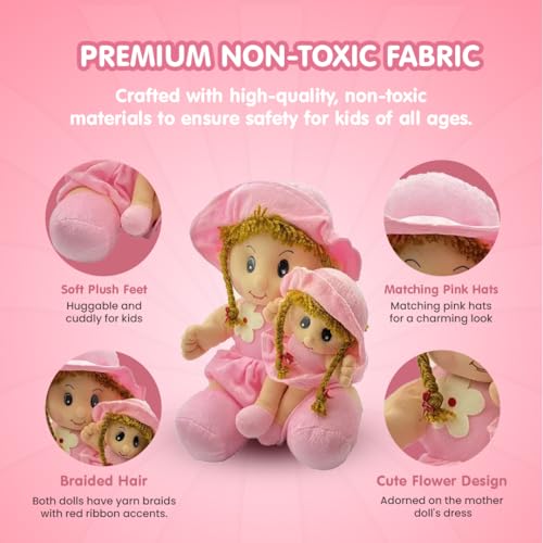 Image of Kidology Soft Mother Daughter Doll for Kids, Soft Toy Birthday Gift for Baby Girl, Plush Toy for Special Occasions, Polyfill, Washable, Fine Stitching Plushies, (Pink)