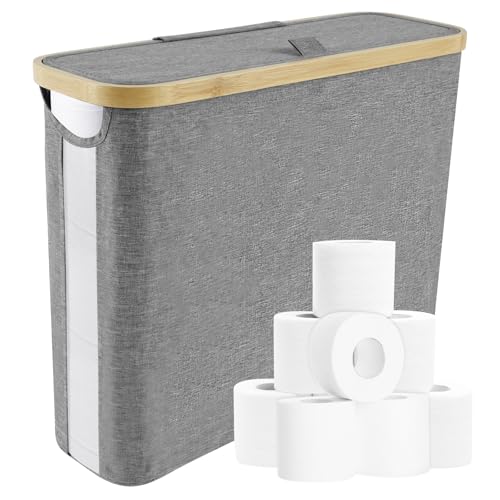 RHAIQBVC Portarrollos de papel higiénico, 45 x 15 x 35 cm, cesta de papel higiénico de gran capacidad con tapa y ventana lateral, caja de almacenamiento multifuncional para baño (gris)