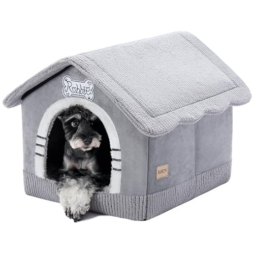 Jiupety Hundehöhle Hundehütte Indoor mit Rahmen, Gemütliche Hundehaus für Drinnen, Hundebett mit Dach für 7-14 kg, XL Größe 51x46x46 cm, Grey