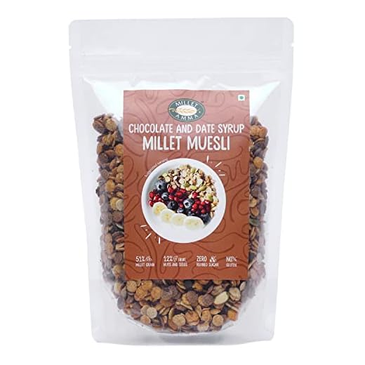 MILLET AMMA Muesli de chocolate Millet Amma, paquete de 300 g | Recubiertos con Sirope de Chocolate y Dátiles | Sin gluten, la mejor opción para bocadillos y cereales para el desayuno de mijo orgánico