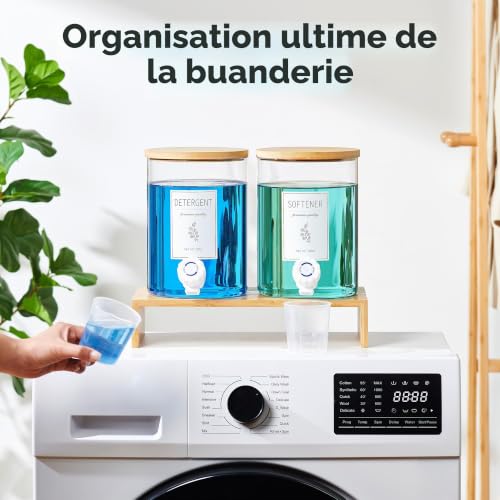 Distributeur de détergent à lessive en verre avec étagère et couvercle en bambou - 3,5 L de détergent liquide, distributeur de savon à lessive et d'assouplissant pour l'organisation et le rangement de – vue 6