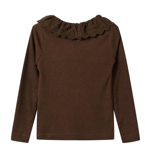 Image of LittleSpring Girls Ribbed Knit Long Sleeve Tshirt with Lace Ruffle Collar
