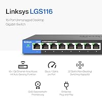 Linksys LGS116-EU 16-Port Unmanaged Gigabit-Netzwerk-Switch – Ethernet-Switch/Hub mit Metallgehäuse, Splitter – Platzierung an der Wand oder auf dem Schreibtisch im Büro oder zu Hause, Plug-and-Play – Ansicht 2