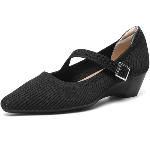 Women's Wedge Block Heel Pumps Ladies Breathable Weave Casual Shoes Buckle Strap Mary Janes
