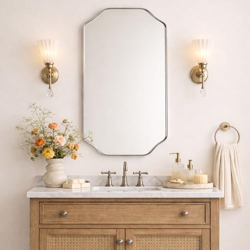 Image of TEHOME Polished Nickel Scalloped Bathroom Mirror, 32x24'' Polished Silver Asymmetrical Bathroom Vanity Mirror for Wall